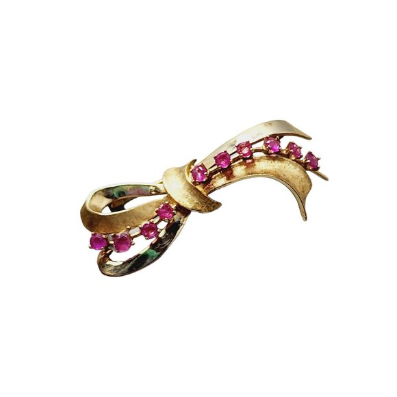 Vintage Jewelry - Vintage 14kt Gold & Ruby Bow Brooch (A1642)